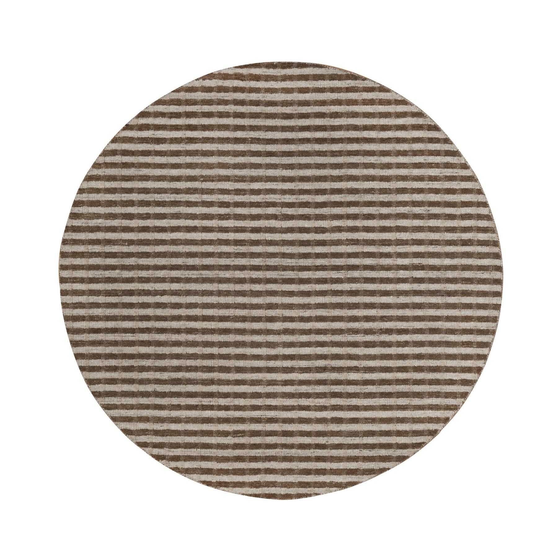 Tan and Chocolate Brown, Vertical Stripes Design with Salt and Pepper Effect, Hand Loomed, Undyed Natural Wool, Round, Oriental Rug